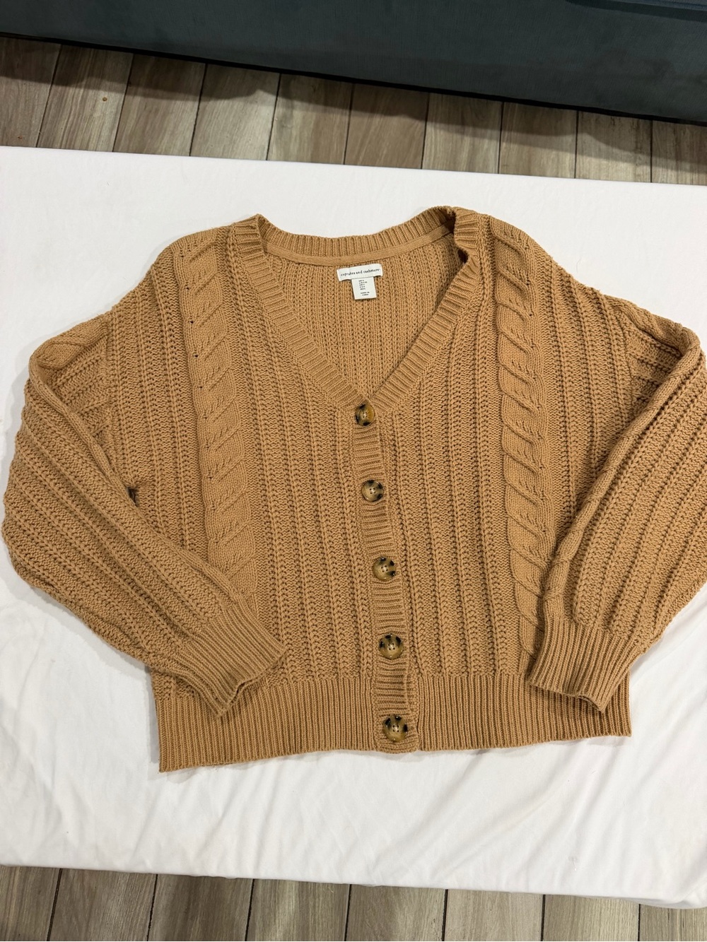 cupcakes & cashmere Camel Cable Knit Button Cardigan size L